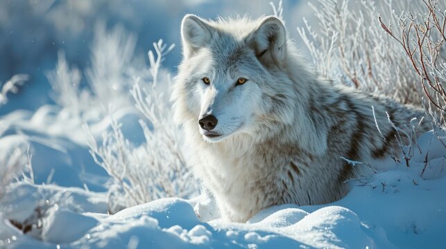 the magnificent presence of a wandering arctic wolf in a snowy wilderness, the stark contrast of its fur against the snow creating a powerful image