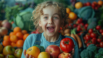 Fototapeta na wymiar Joyful child holding fresh fruits and vegetable colorful with blurred and bokeh background