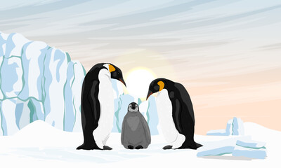 A family of emperor penguins with a chick are standing in the snow near a large glacier. Birds of the South Poles. Realistic vector landscape