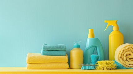 Cleaning set for different surfaces in kitchen, bathroom and other rooms. Empty place for text or logo. Bright yellow background. Spring regular cleanup. Front view.