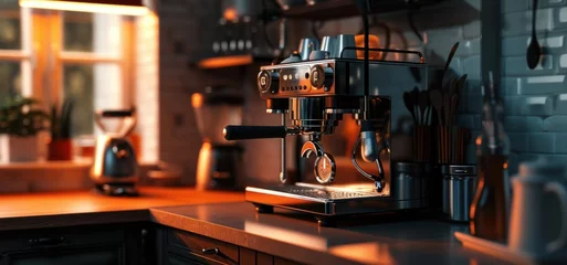 Fototapeten Modern coffee machine pouring milk into glass cup on countertop in kitchen © Ruslan Gilmanshin