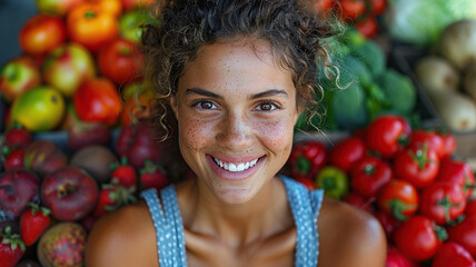 Fototapeta na wymiar Portrait of a smiling woman with curly hair surrounded by colorful fresh fruits, promoting healthy eating and lifestyle with blurred and bokeh background