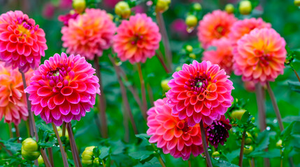 Beautiful colorful dahlia flowers in full bloom with dew drops