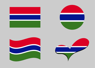 Gambia flag. Flag of Gambia in heart shape. Gambia flag in circle shape. Country flag variations.