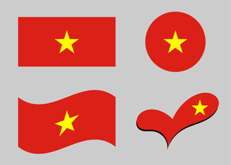 Vietnam flag. Flag of Vietnam in heart shape. Vietnam flag in circle shape. Country flag variations.	