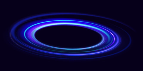 Neon swirl. Curve blue line light effect. Abstract ring background with glowing swirling background. Energy flow tunnel. Blue portal, platform. Magic circle vector. Luminous spiral. round frame