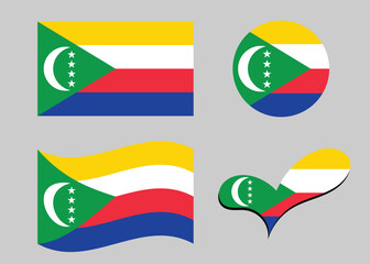 Comoros flag. Flag of Comoros in heart shape. Comoros flag in circle shape. Country flag variations.	