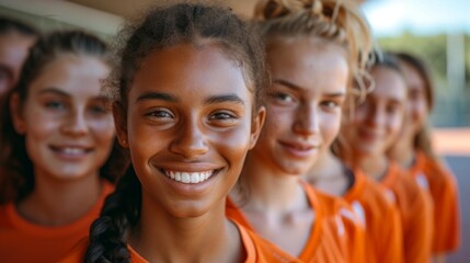Focused on a girl with a radiant smile, this group portrait of a girls volleyball team in orange...