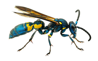 Blue Mud Dauber Wasp in Intricate Motion On Transparent Background.