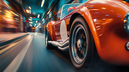 an Orange Classic racing cars are driving on urban streets. blur in motion