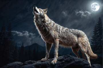 Mythical Night: Wolf Howls at the Full Moon in a Spectral Landscape - obrazy, fototapety, plakaty