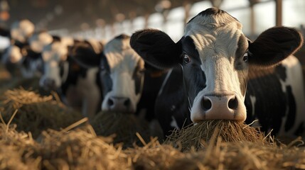 Row of cows standing by edge of large paddock inside contemporary animal farm and looking at camera while eating
