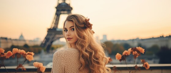 Beautiful young woman on the background of the Eiffel tower. Travelling Concept with Copy Space.