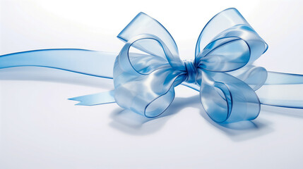 Elegant blue satin ribbon bow on white background
