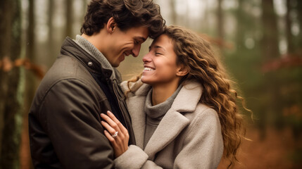 Fototapeta premium Young couple embracing and smiling in a forest setting
