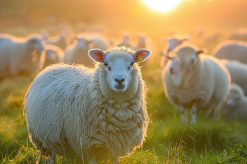 Naklejka premium Golden Sunrise over Flock of Sheep in a Peaceful Pasture