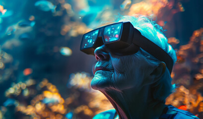 A elderly woman wearing metaverse MK virtual reality glasses explores the underwater world. The concept of virtual travel, hobby, leisure, entertainment