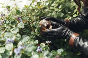 Human Skull Replica Held by Hands Amidst Greenery