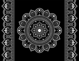 Set of mandala pattern and seamless border for Henna drawing and tattoo. Decoration in ethnic oriental mehndi, Indian style. Doodle ornament in black and white. Hand draw vector illustration.