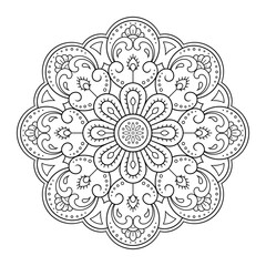 Circular pattern in form of mandala with flower for Henna, Mehndi, tattoo, decoration. Decorative ornament in ethnic oriental style. Outline doodle hand draw vector illustration.