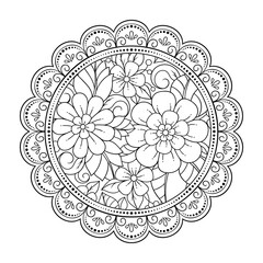 Outline round flower pattern in mehndi style for coloring book page. Antistress for adults and children. Doodle ornament in black and white. Hand draw vector illustration.