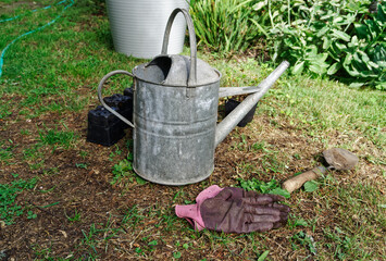 Gloves, a trowel and a metal watering can are standing on the grass