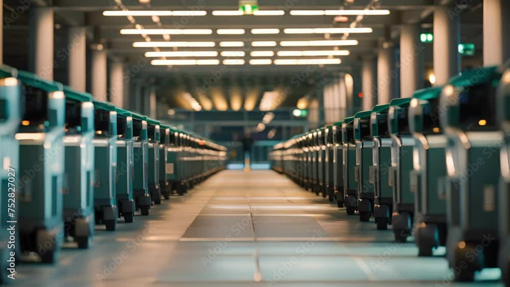 Poster a row of selfdriving luggage carts neatly aligning themselves as they glide through the terminal str
