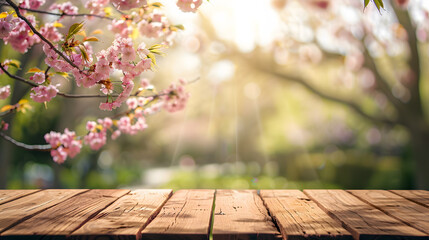 Naklejka na ściany i meble Empty wooden table in Sakura flower Park with garden bokeh background