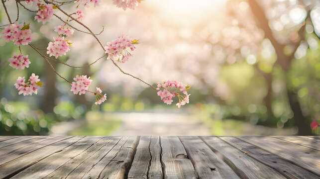 Empty wooden table in Sakura flower Park with garden bokeh background