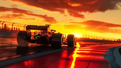 Obraz premium Formula one car go fast at the raceway during sunset