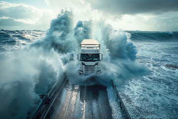 An impactful composition of a semi-truck enveloped by aggressive sea waves under a cloudy sky