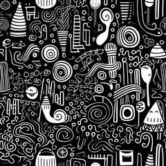 Fototapeta premium white doodle line, black background, vector graphic.