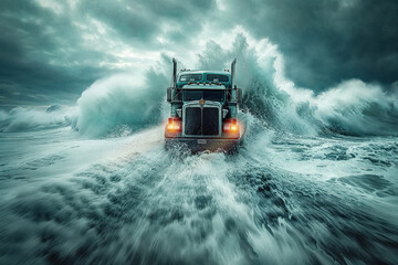 This striking composition captures a truck's confrontation with a rough sea, highlighting strength and persistence