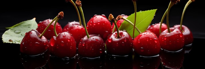 Fresh wet sour cherries on black background. Cherries closeup shot with water drops