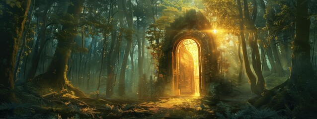 Mystical Forest with Enchanted Glowing Doorway, A mystical doorway radiates a golden glow amidst the dense trees of an enchanted forest scene. - obrazy, fototapety, plakaty