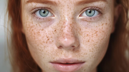 A close-up view of a womans face highlighting her prominent freckles - obrazy, fototapety, plakaty