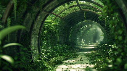 Overgrown Greenhouse Tunnel in Mystic Forest, Lush foliage a mysterious abandoned greenhouse tunnel, hinting at nature's reclaiming power. - obrazy, fototapety, plakaty