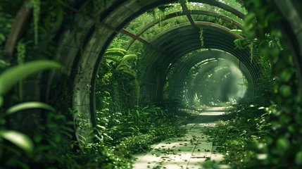 Fotobehang Overgrown Greenhouse Tunnel in Mystic Forest, Lush foliage a mysterious abandoned greenhouse tunnel, hinting at nature's reclaiming power. © auc