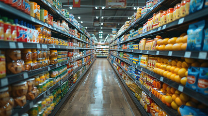 Hypermarket shelves filled with products - obrazy, fototapety, plakaty