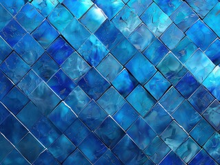 Abstract Blue Glass Mosaic Texture, an abstract mosaic of blue glass tiles with intricate details and varying shades of blue.