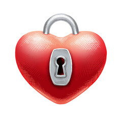 Cartoon red three-dimensional heart with a keyhole in the middle. Padlock. Hand-drawn, hatching. Romance, Valentine's Day. Illustration on a transparent background.
