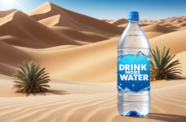 a bottle of water with a call to drink more water against the background of the desert, banner, poster