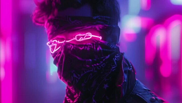 A menacing hologram of a rebel with a bandana covering their face lit up by vibrant pink neon lights embodying the antiestablishment spirit of the cyberpunk aesthetic.