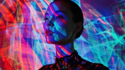 High Fashion model woman in colorful bright lights posing, portrait of beautiful girl with trendy make-up. Art design, colorful make up.