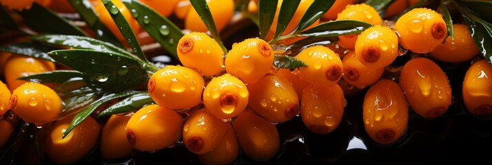 Fresh wet sea buckthorn berries background, backdrop, banner, texture. Sea buckthorn berries closeup shot with water drops - obrazy, fototapety, plakaty