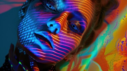 High Fashion model woman in colorful bright lights posing, portrait of beautiful girl with trendy make-up. Art design, colorful make up.