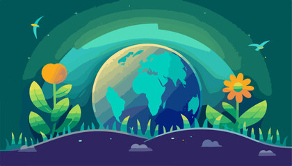 A flat vector illustration of the Earth with green leaves and plants on it