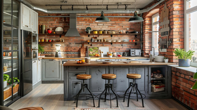 Contemporary interior design. Light spacious dinning room including brown wooden furniture with bar stools at counter and soft comfortable chairs at table with brick effect in loft style.