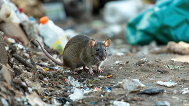 Dirty, shaggy, skinny rat ate garbage. Garbage bags on the floor were wet and smelled very bad. reflecting the problem of overflowing garbage in the city
