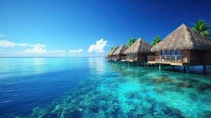 Tropical bungalows overwater and coral reef. Pacific ocean, Oceania - obrazy, fototapety, plakaty